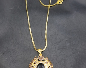 Victorian Amethyst Pendant Necklace: Gold & Silver Plated, 60cm Chain