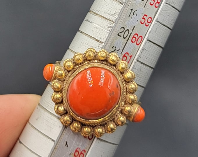 Gold Gulied Wonderful Ring With Natural Red Natural Coral Stone From Afghanistan
