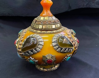 Vintage Handmade Copal Box: Tibetan Gemstone Inlay