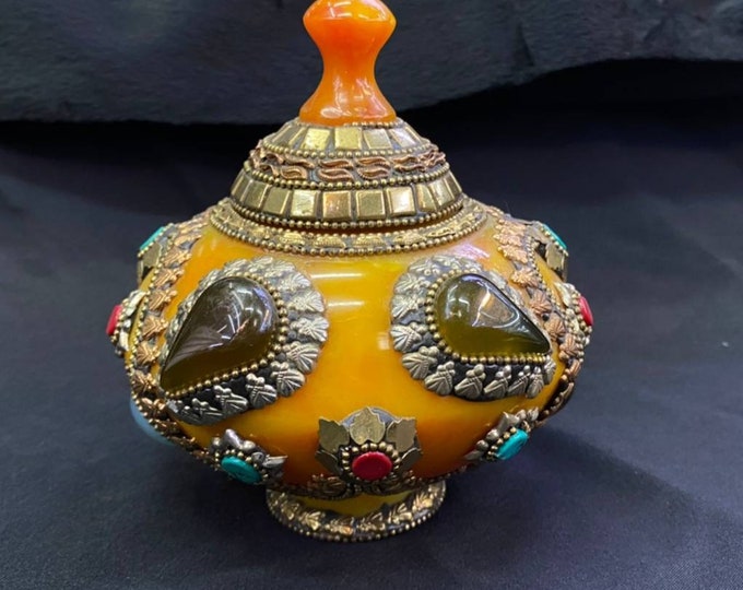 Vintage Beautiful Handmade Copal Box Pot With all Colors of Natural Gemstone