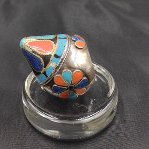Huge Afghan Vintage Unique Shape Silver Ring With Coral Turquoise & Lapis