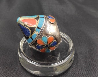 Huge Afghan Vintage Unique Shape Silver Ring With Coral Turquoise & Lapis