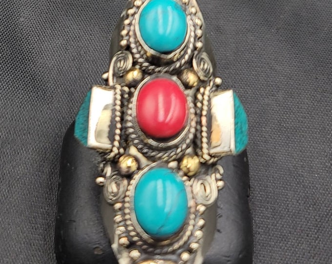 Antique Old Tibeten Vintage Silver Ring With Natural Turquoise And Coral Stone