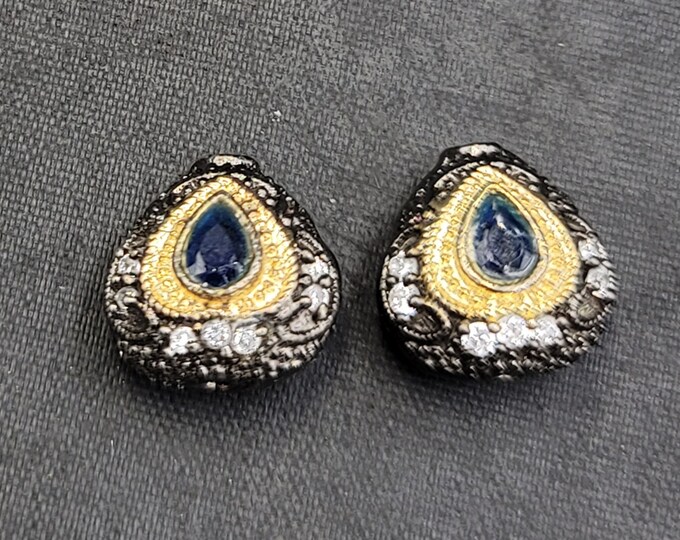Gold Over Silver Beautiful Victorian Pair Beads With Natural Sapphire Gemstone