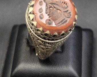 Ancient Agate Stone Greek King Intaglio Near Eastern Silver Ring