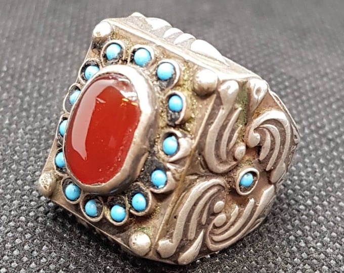 Wonderful Old Silver Near Eastern Antique Ring With Beautiful Agate And Turquoise Stone