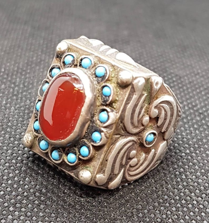 Wonderful Old Silver Antique Ring With Beautiful Agate And Turquoise Stone