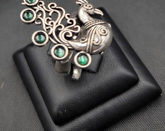 Vintage Near Eastern Bird Silver Ring With Natural Green Agate Stone Free Size Adjustable