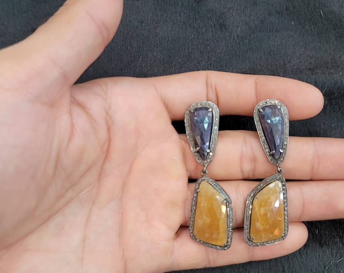100% Natural Certificate Yellow And Blue Sapphire Gemstone And Tinny Daimond Surround Gold Over Silver Earrings