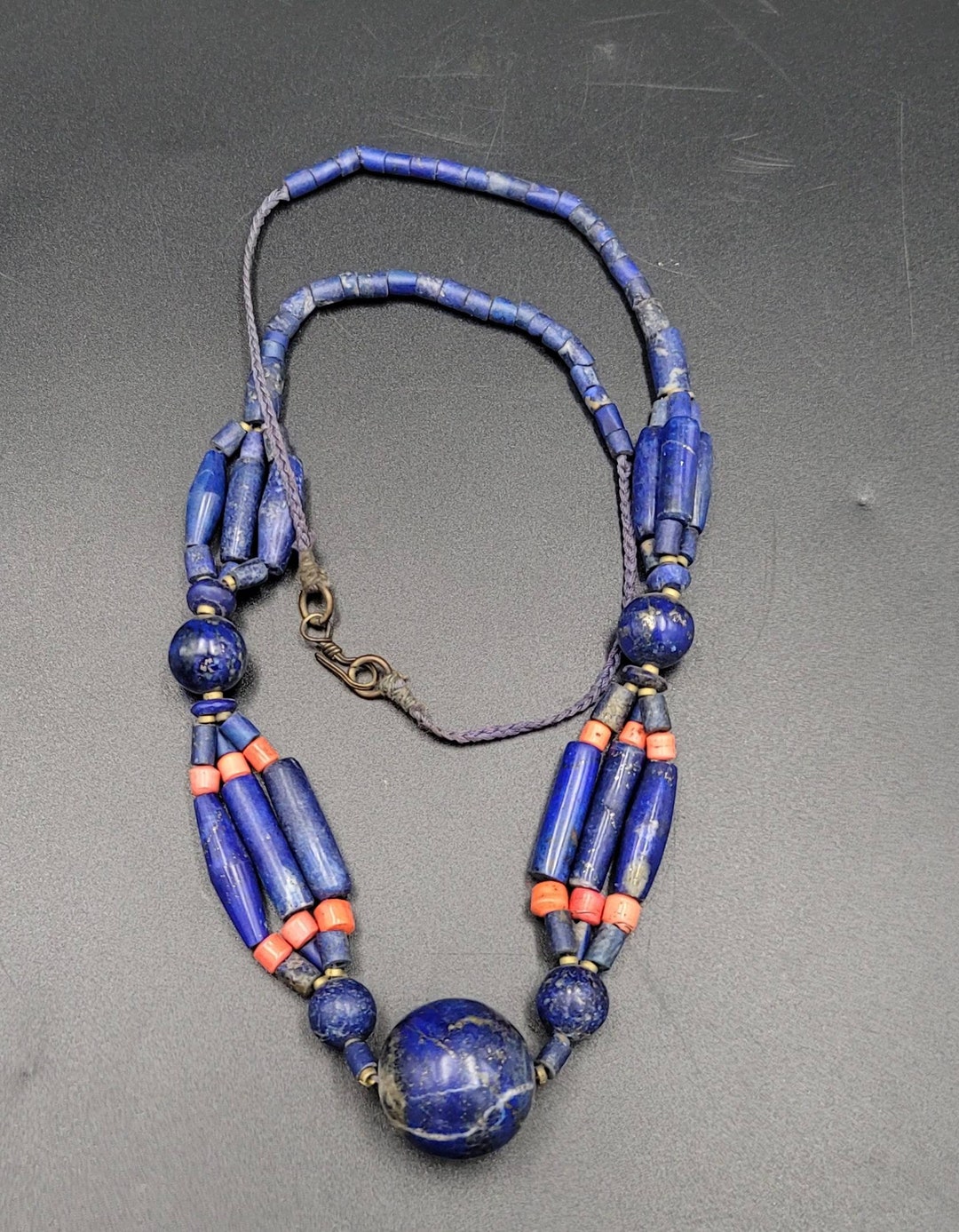 Antique Lapis Lazuli & Coral Necklace: Afghanistan Gemstone, 64cm