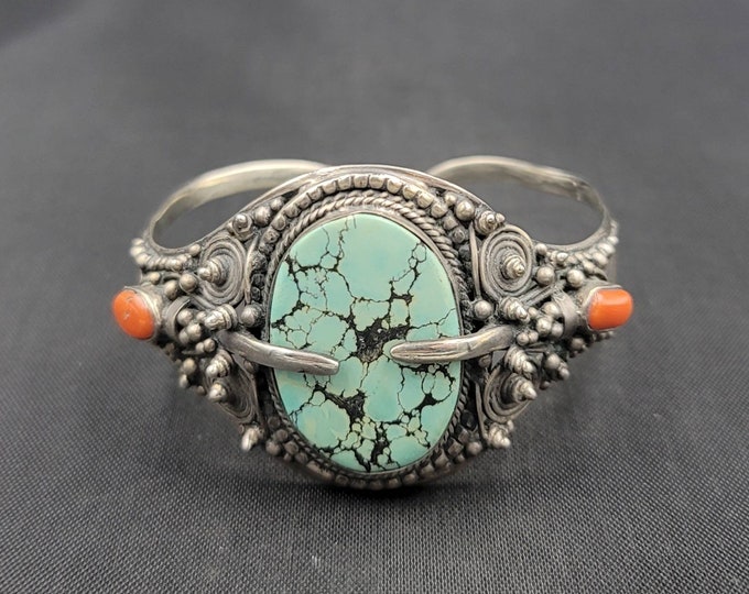 Vintage Old Silver Nepal Beautiful Bangle With Natural Turquoise And Coral Stone