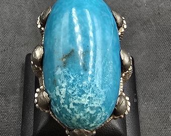 Antique Turquoise Stone Silver Ring: Handmade Size 11
