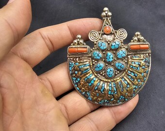 Vintage Handmade Solid Silver Pendant: Turquoise & Coral