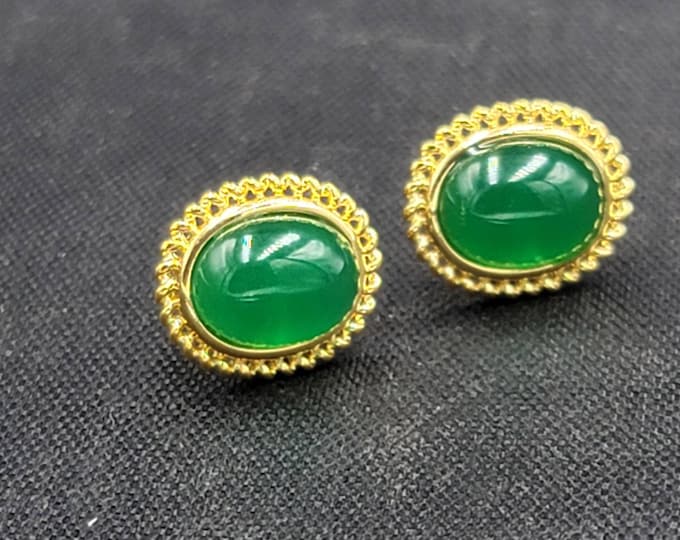 Gold Over Silver Beautiful Natural Jade Stone Earrings Stud
