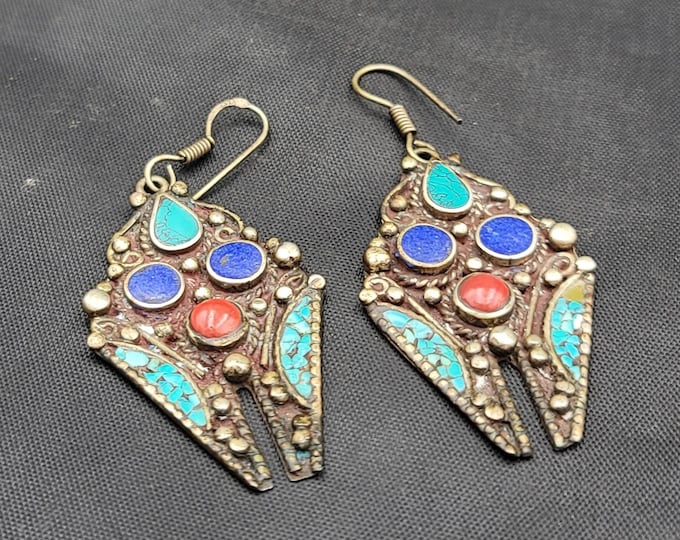 Baho Tibeten Silver Beautiful Earrings With Natural Turquoise Coral And Lapis Lazuli Stone