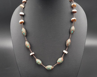 Vintage Nepal Agate Stone Necklace: Brass Boho Wax Wair Jewelry