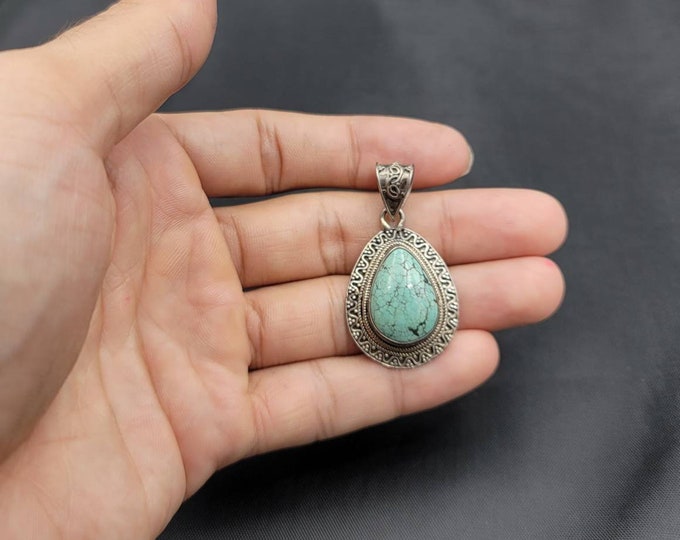 Nepalese Natural Turquoise Stone Beautiful Vintage Silver Handmade Pendant