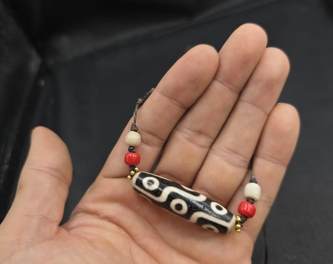 Old Ancient Authentic Tibeten Dzi Agate Bead With Motifs Eyes Necklace