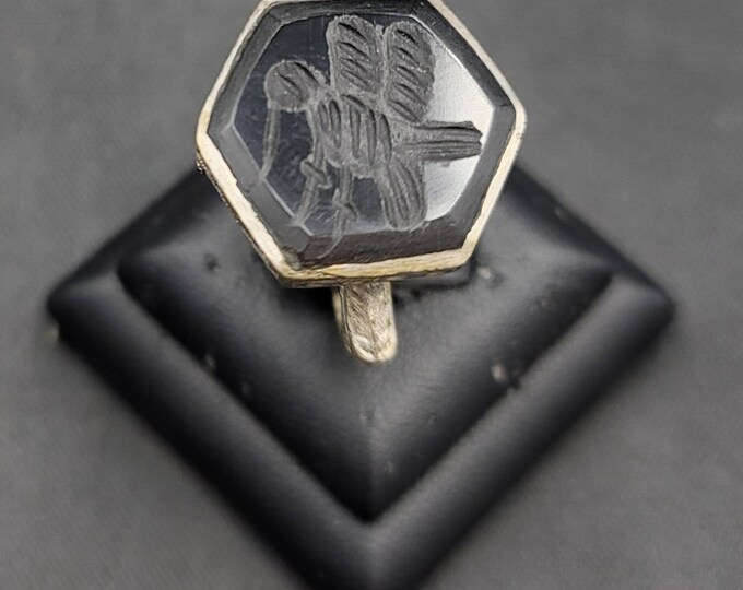 Old Silver Near Eastern Silver Ring With Black Agate Stone Bird Intaglio