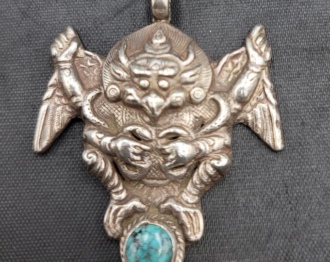 Unique Vintage Silver Tibeten Temple Bird Pendant With Natural Turquoise Stone