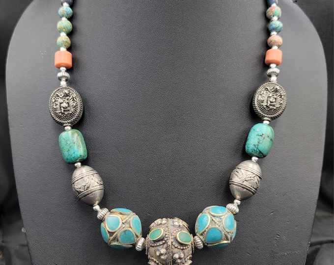 Beautiful Morakish Near Eastern Silver Enamel Beads Vintage Necklace With Old Authentic Stones