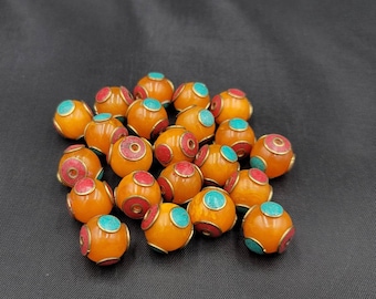 Vintage Handmade Copal Beads: Turquoise & Coral Inlay (15mm)