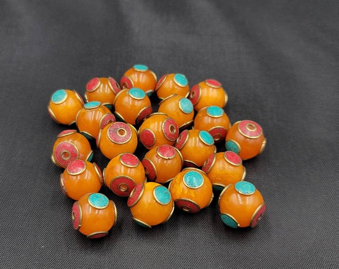 Yellow  Copal Wonderful Round 15mm Beads With Turquoise And Coral Stone Inlaid