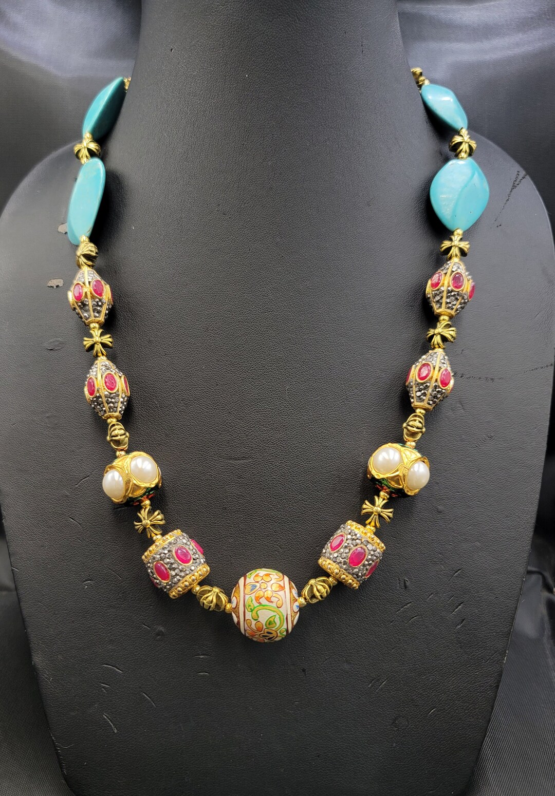 Gorgeous Mughal Design Natural Ruby and Turquoise Beads Gemstone With