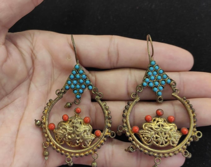 Super Gorgeous Unique 20k Gold Over Silver Trible Earrings With Coral And Turquoise