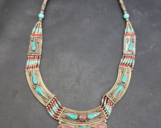 Beautiful Vintage Silver Tibetan Design Necklace With Turquoise And Coral Stone