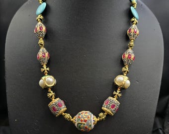 Vintage Gemstone & Turquoise Beaded Necklace - Adjustable Length
