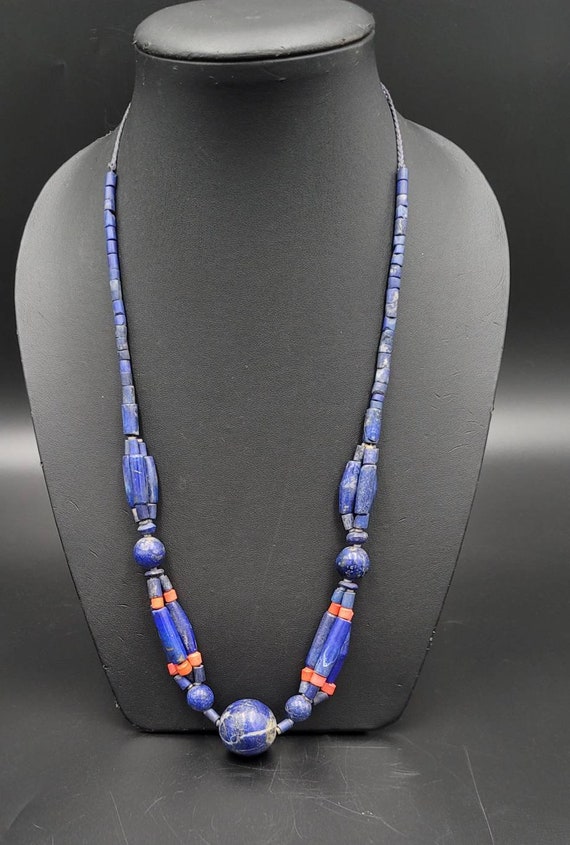 Antique Lapis Lazuli & Coral Necklace: Afghanistan Gemstone, 64cm