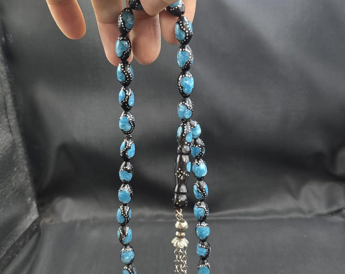 Antique Black Coral Prayer Beads: Silver & Turquoise Misbah Tasbi