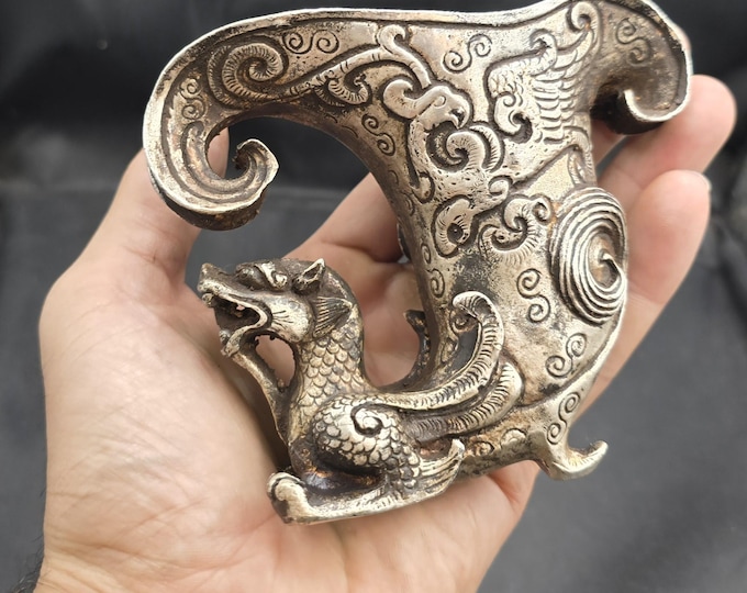Amizing Antique Tibeten Lucky Drogon Carved Old Silver Rathony Drinking Cup Art Deco