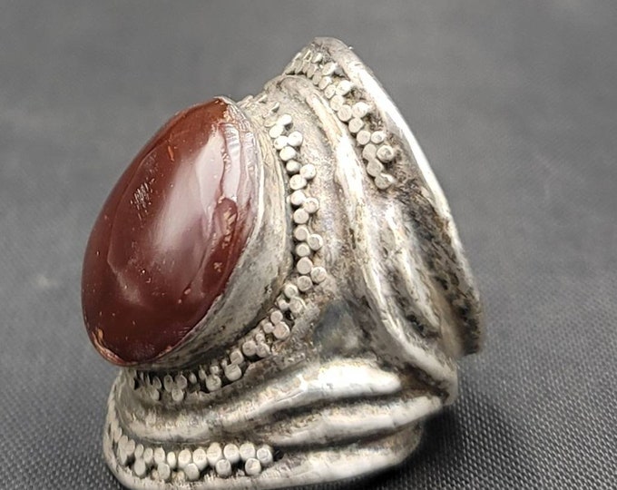 Rare Beautiful Antique Silver Unique Huge Ring With Natural Ancient Agate Stone