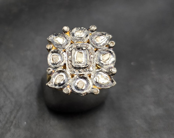 22k Gold On Silver Beautiful Vintage Victorian Design Handmade Rose Cut Daimond Ring