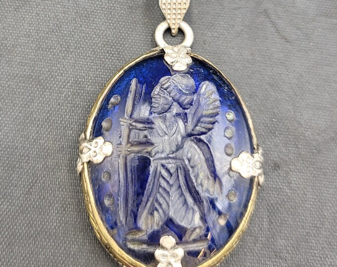 Super Ancient Bule Agate Unique Cicra Late 2nd Millennium BC Gilgamesh Intaglio Silver Pendant