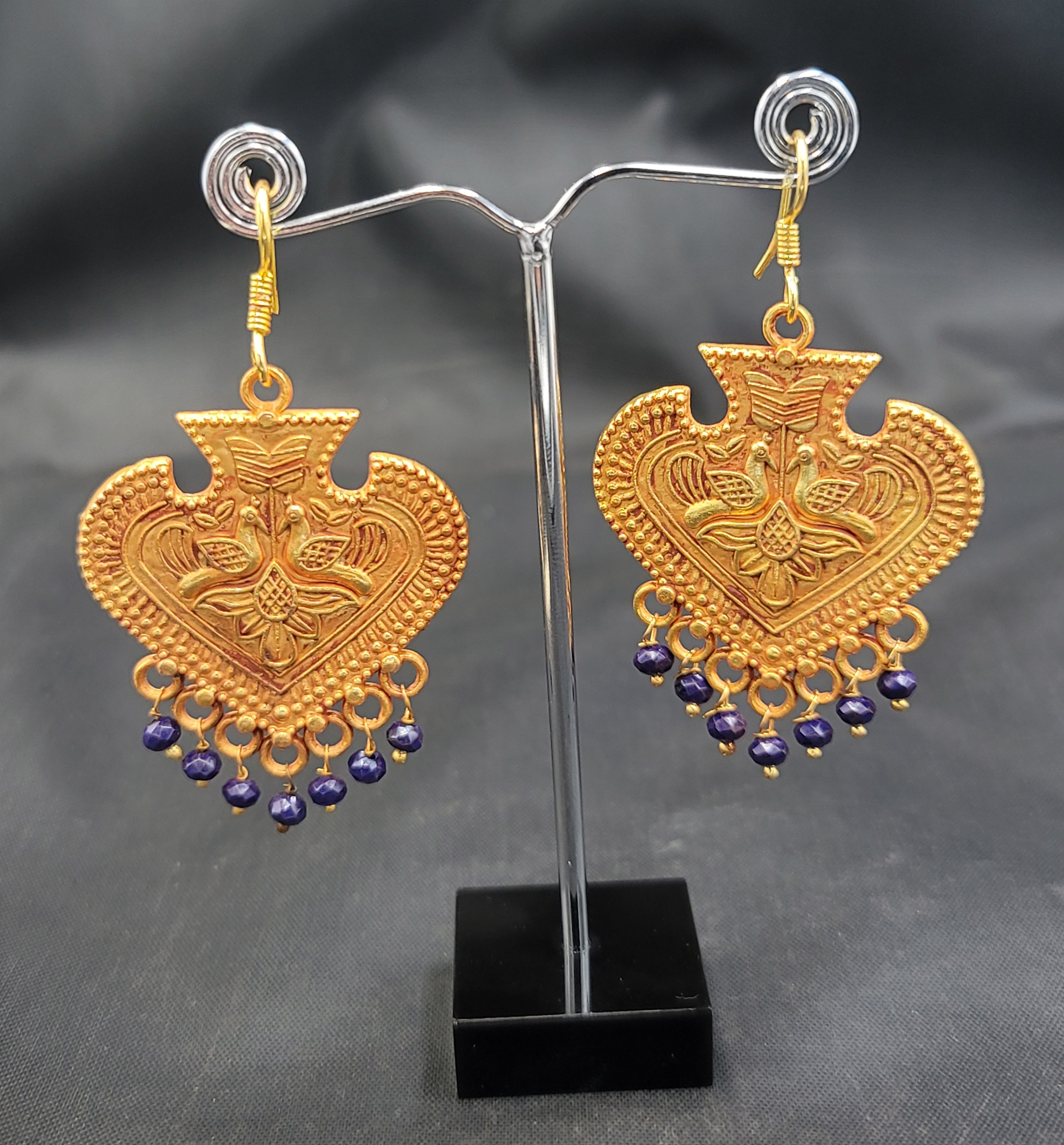 Boucles D'oreilles Anciennes Plaqué Or Rose Bakélite Avec Pierre Lapis Lazuli Véritable