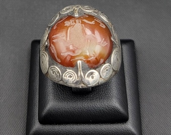 Vintage Agate Stone Ring: Handmade Silver Horse Intaglio, Size 8