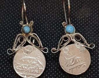 Ancient Roman Empire Soild Silver Unique Earings With Turquoise Stone