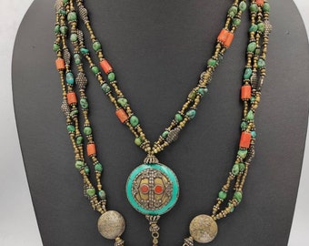 Unique Wonderful Antique Brass & Silver Necklace With Turquoise and Coral Stone
