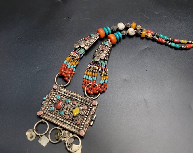 Superb Excellent Quality Boho Tibeten Old Silver Necklace With Natural Coral And Yellow Copal Stone And Turquoise
