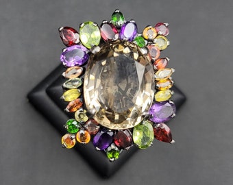 Huge Vintage Victorian Silver Ring With Natural Big Smokey Quartz And Natural Precious Gemstone