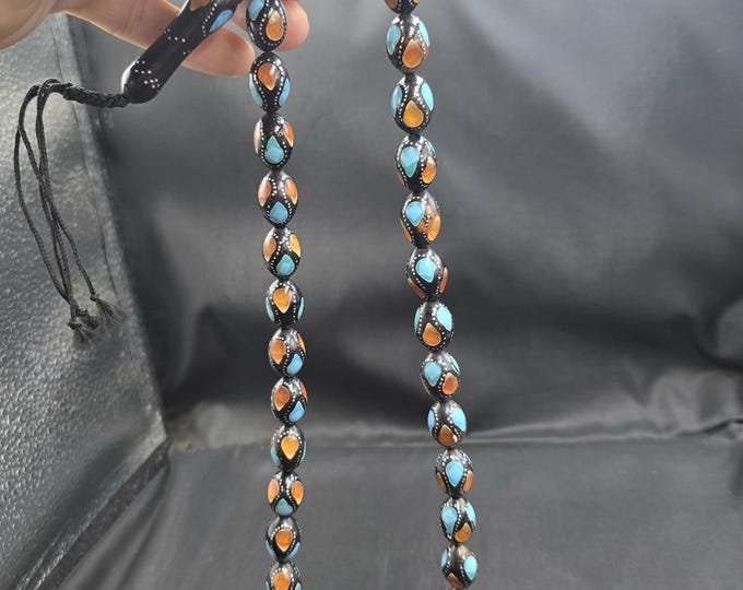 Antique Black Coral Prayer Beads: Silver & Copal Inlaid Misbah Tasbi