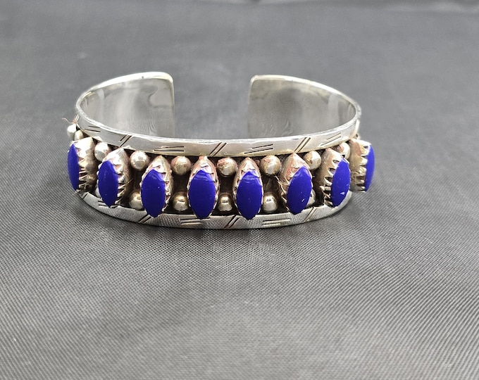 Handmade Vintage Authentic Sterling Silver Bangle With Natural Lapis Lazuli Stone