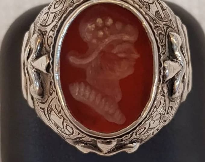 Unique Old Silver Rare Wonderful Ring With Agate Stone Roman King Face Intagilo