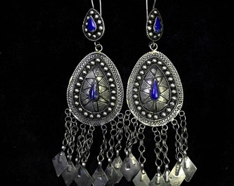 Kochi Afghanistan Wonderful Old Silver Earrings With Lapis Lazuli Stone