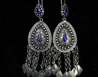 Handmade Lapis Lazuli Silver Earrings: Kochi Afghanistan Tribal Jewelry