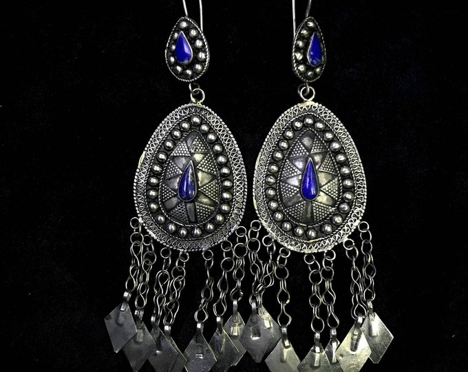 Kochi Afghanistan Wonderful Old Silver Earrings With Lapis Lazuli Stone