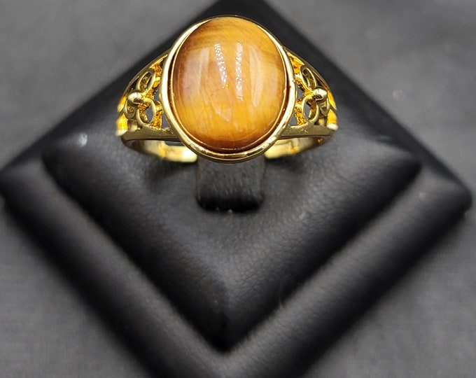 Beautiful Tiger Eyes Stone 20k Gold Over Silver Ring Vintage Near Eastern Adjustable Free Size Ring